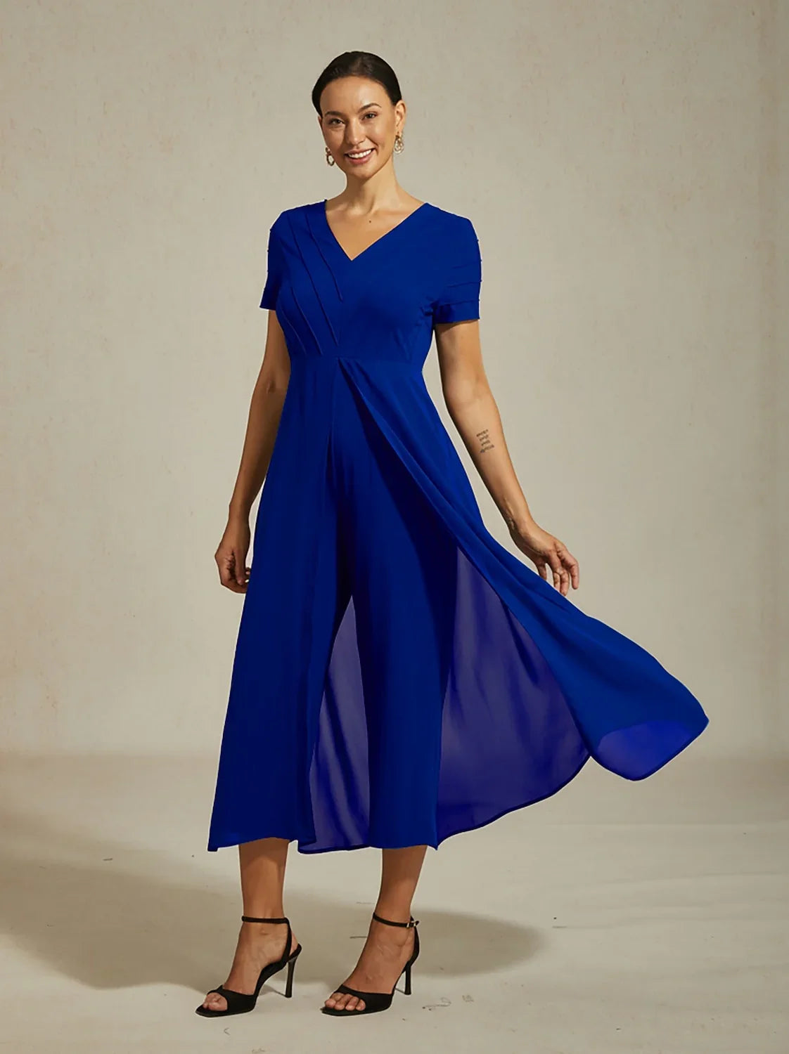 Paneled Design Faux Flowy Sheer Stretch Fabric Jumpsuit