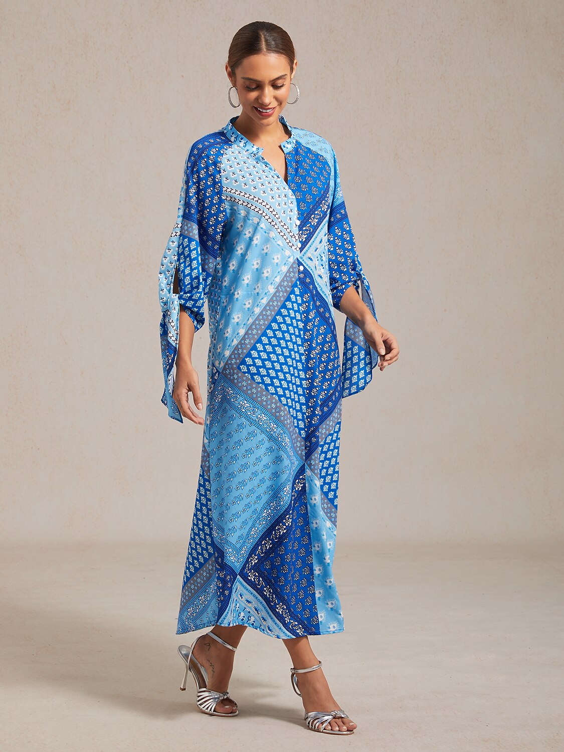 Geometric Floral Patchwork Print Stand Collar Maxi Dress