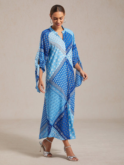 Geometric Floral Patchwork Print Stand Collar Maxi Dress