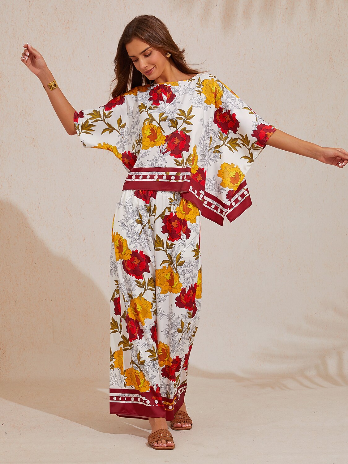 Amber Rose Tapestry Silky Satin Dolman Sleeve Top