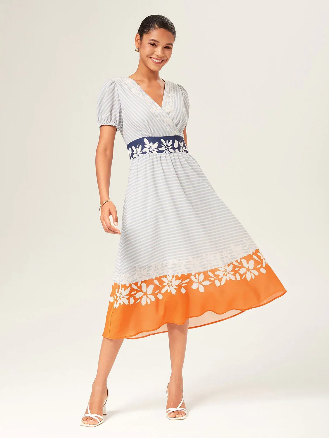 Linen-Like Striped Color Block A-Line Midi Dress