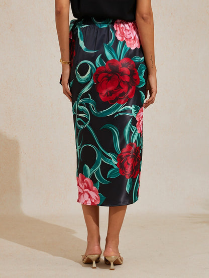 Emerald Rose Garden Silky Satin Wrap Skirt