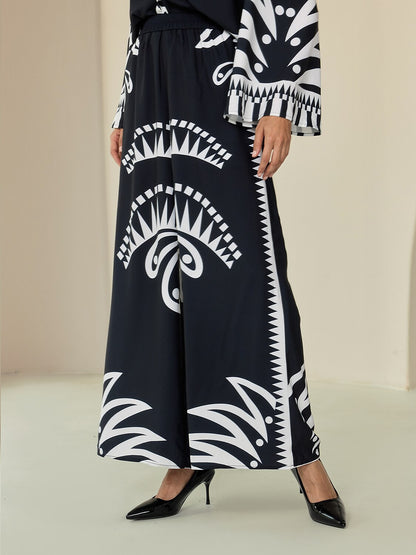 Black Satin Full Length Printing Wide Leg Pants
