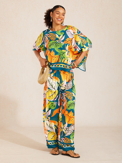 Boho Paisley Silky Satin Wide Leg Pants