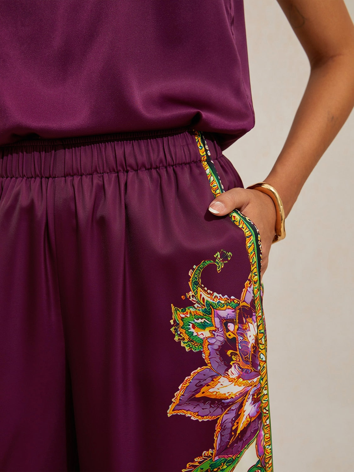 Burgundy Paisley Silky Satin Wide Leg Pants
