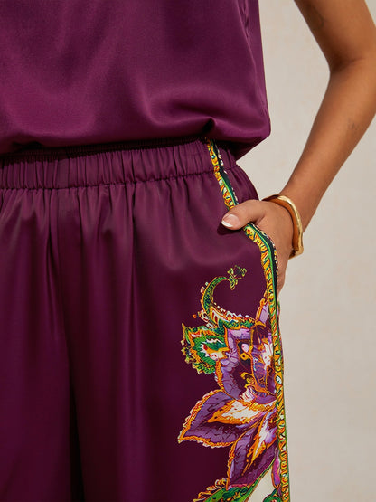 Burgundy Paisley Silky Satin Wide Leg Pants