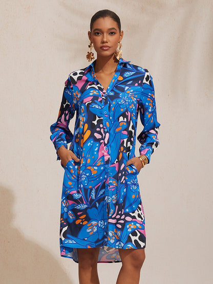 Abstract Azure Silky Satin Dot Shirt Dress