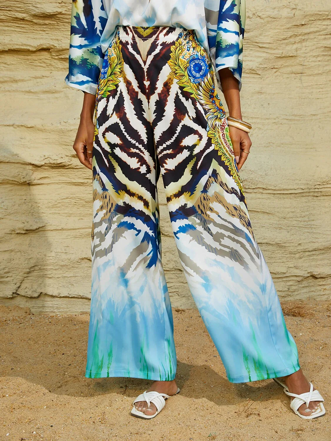 Gradient Tiger  Silky Satin Elastic Pants