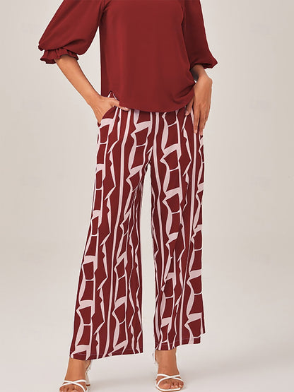 Red Geometric Print Satin Wide-Leg Pants