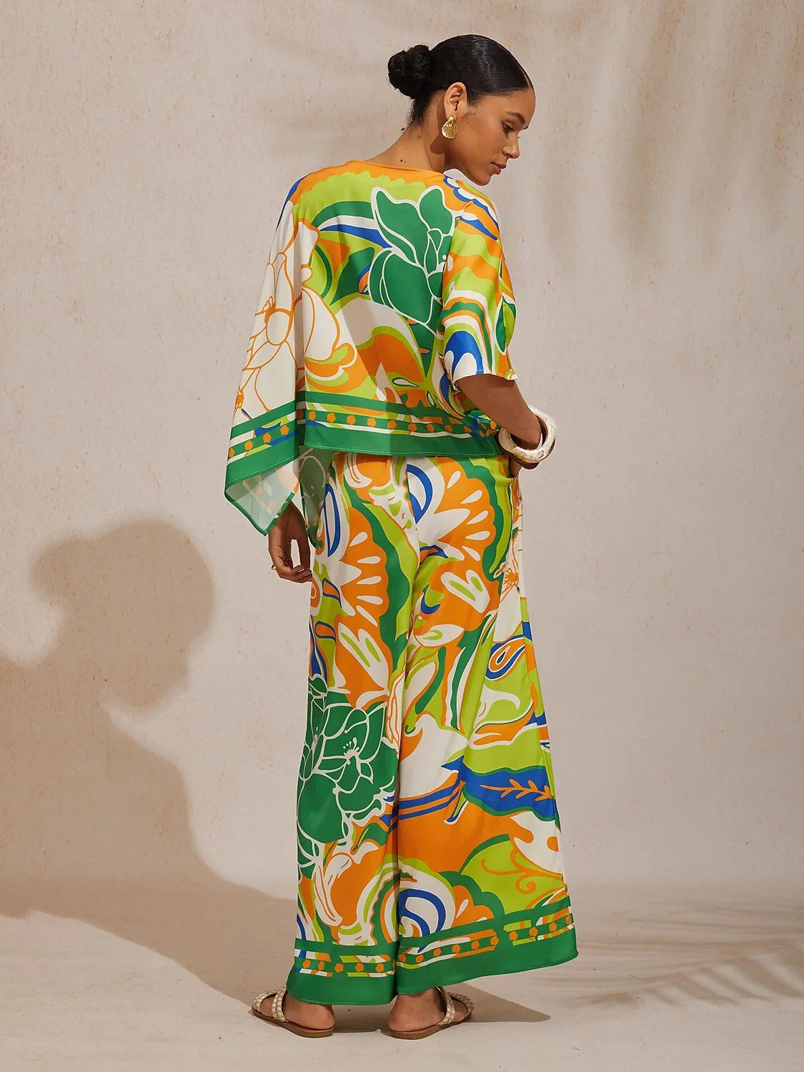 Summer Night Palm Silky Satin Dolman Sleeve Top