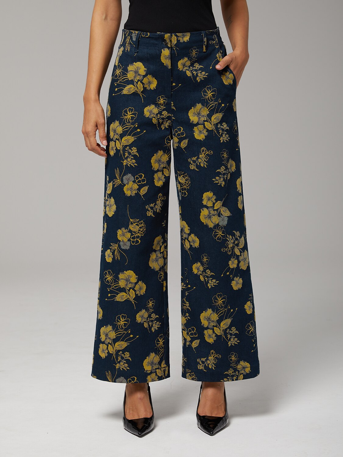Denim Yellow Floral Print Straight Leg Pants Vacation