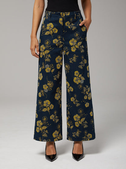 Denim Yellow Floral Print Straight Leg Pants Vacation