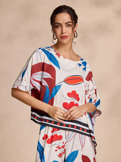 Satin Bateau Irregular Hem Magyar Sleeve Blouse