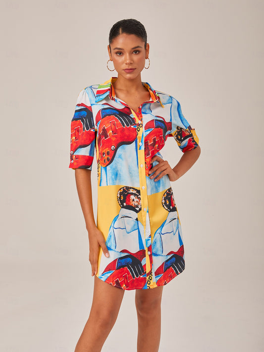 Satin Artistic Down Straight Fit Shirt Mini Dress