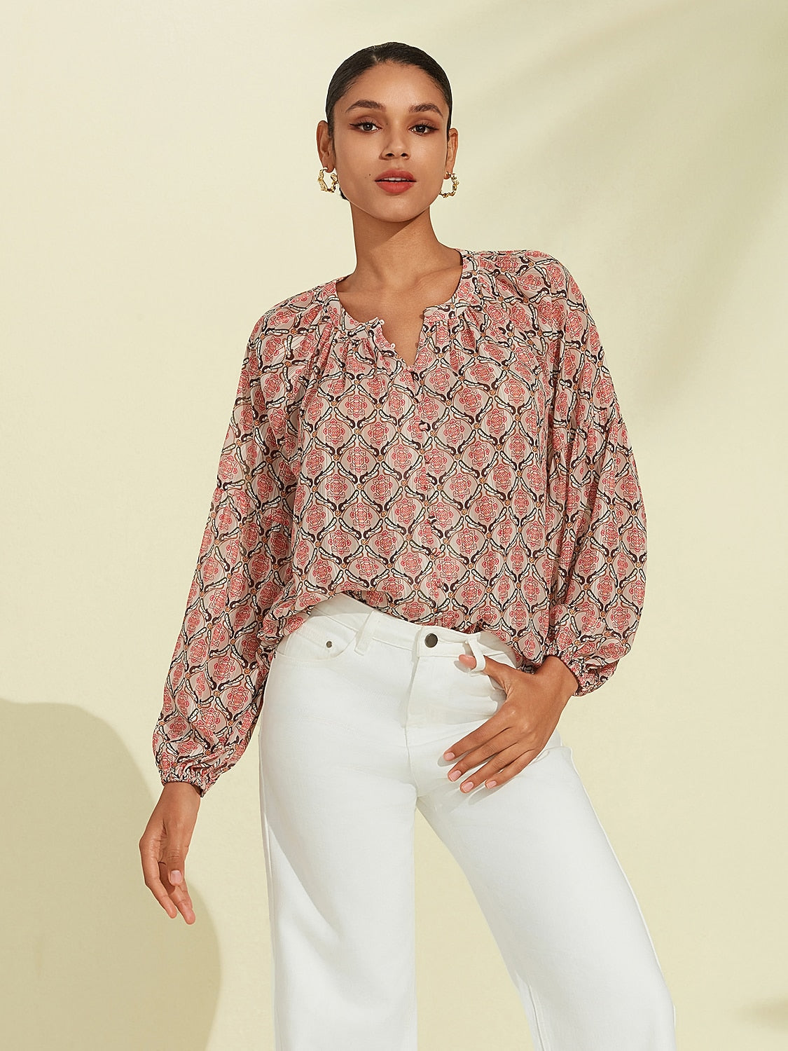 Casual Chiffon Geometric Puff Sleeve Blouse