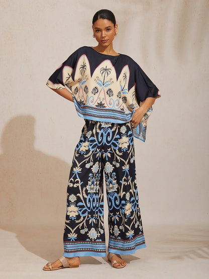 Summer Night Palm Silky Satin Wide Leg Pants