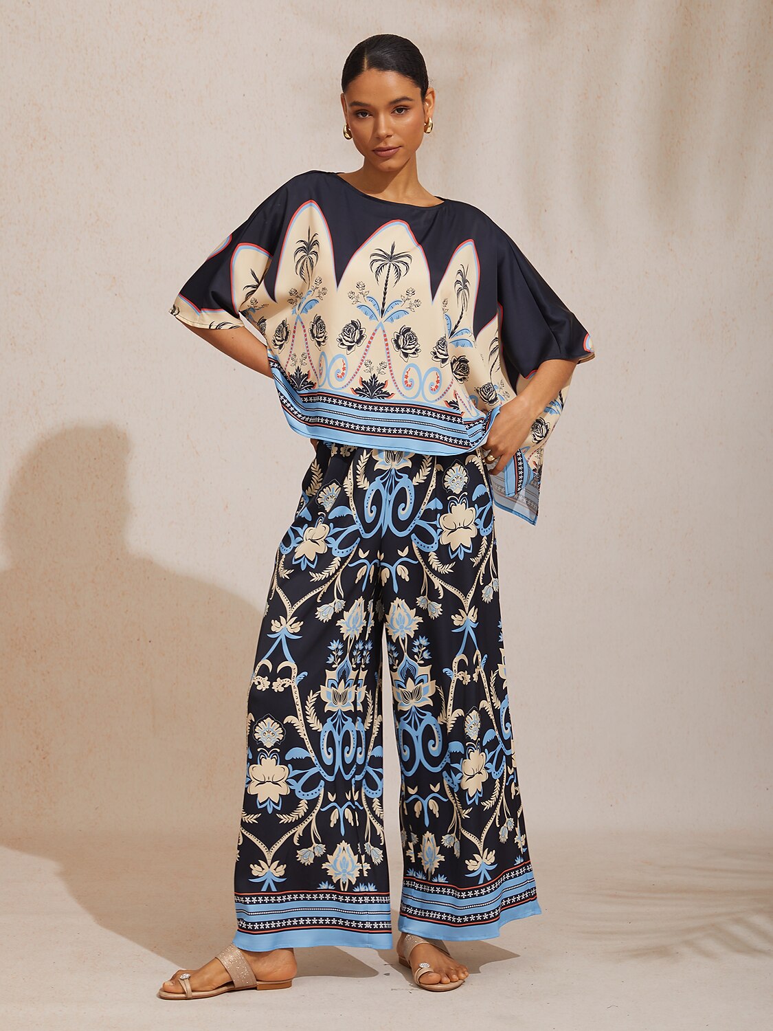 Boho Paisley Silky Satin Wide Leg Pants
