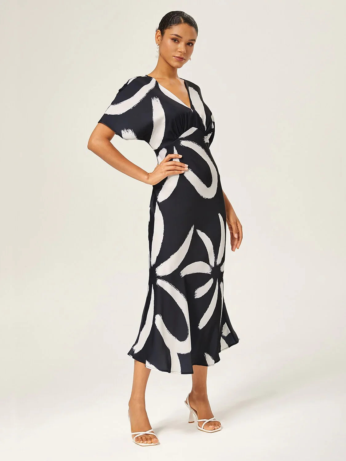 Abstract Floral Print Satin Maxi Dress