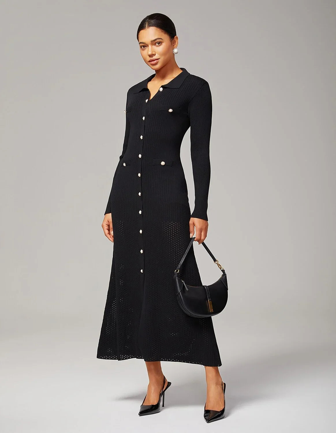 Elegant Buttons Black Knit Maxi Dress