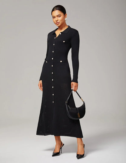Elegant Buttons Black Knit Maxi Dress
