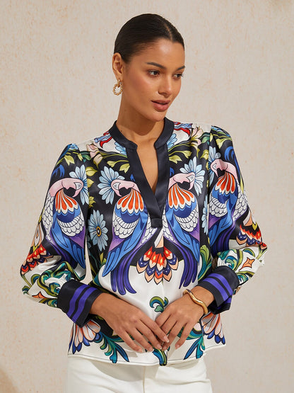 Bird Flower Silky Satin Blouse