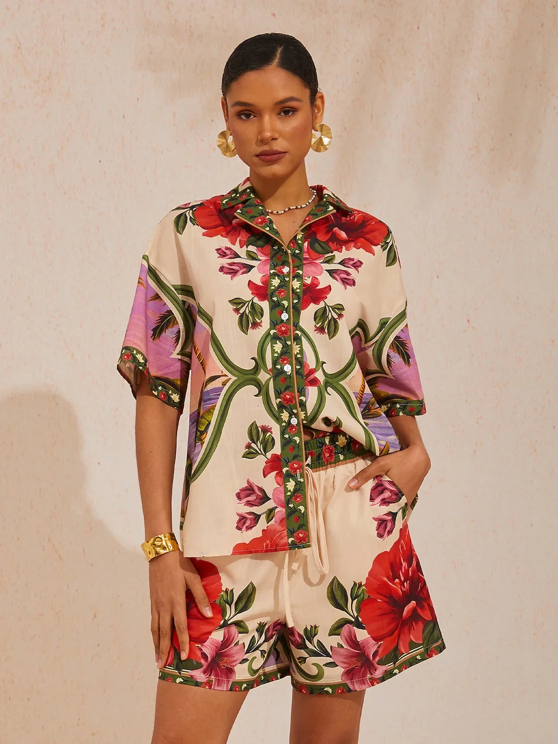 Hawaii Palm Airy Linen Look Floral Shorts