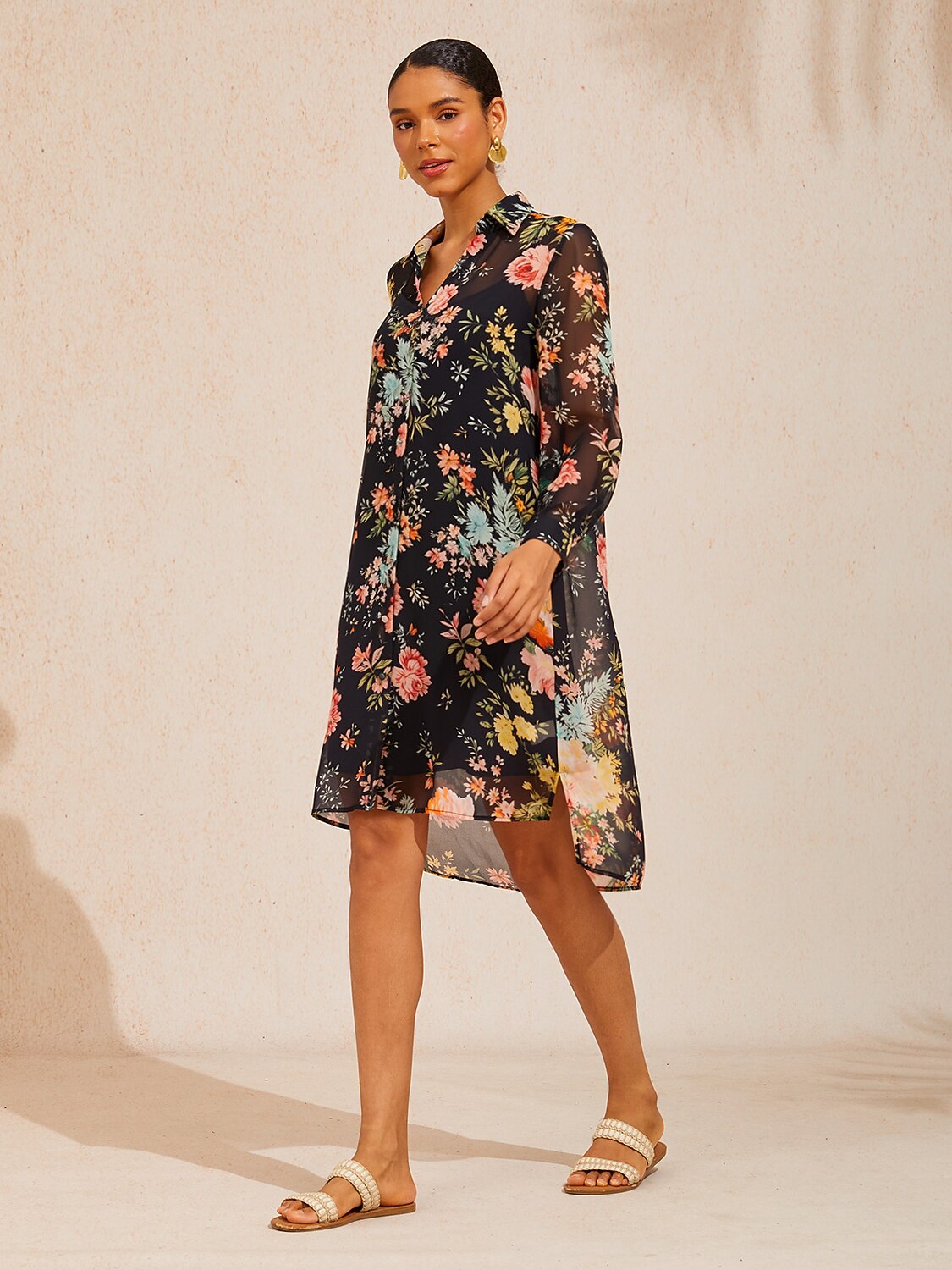 Moonlight Blossom Chiffon Shirt Dress