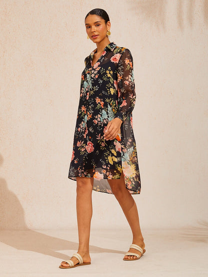 Moonlight Blossom Chiffon Shirt Dress