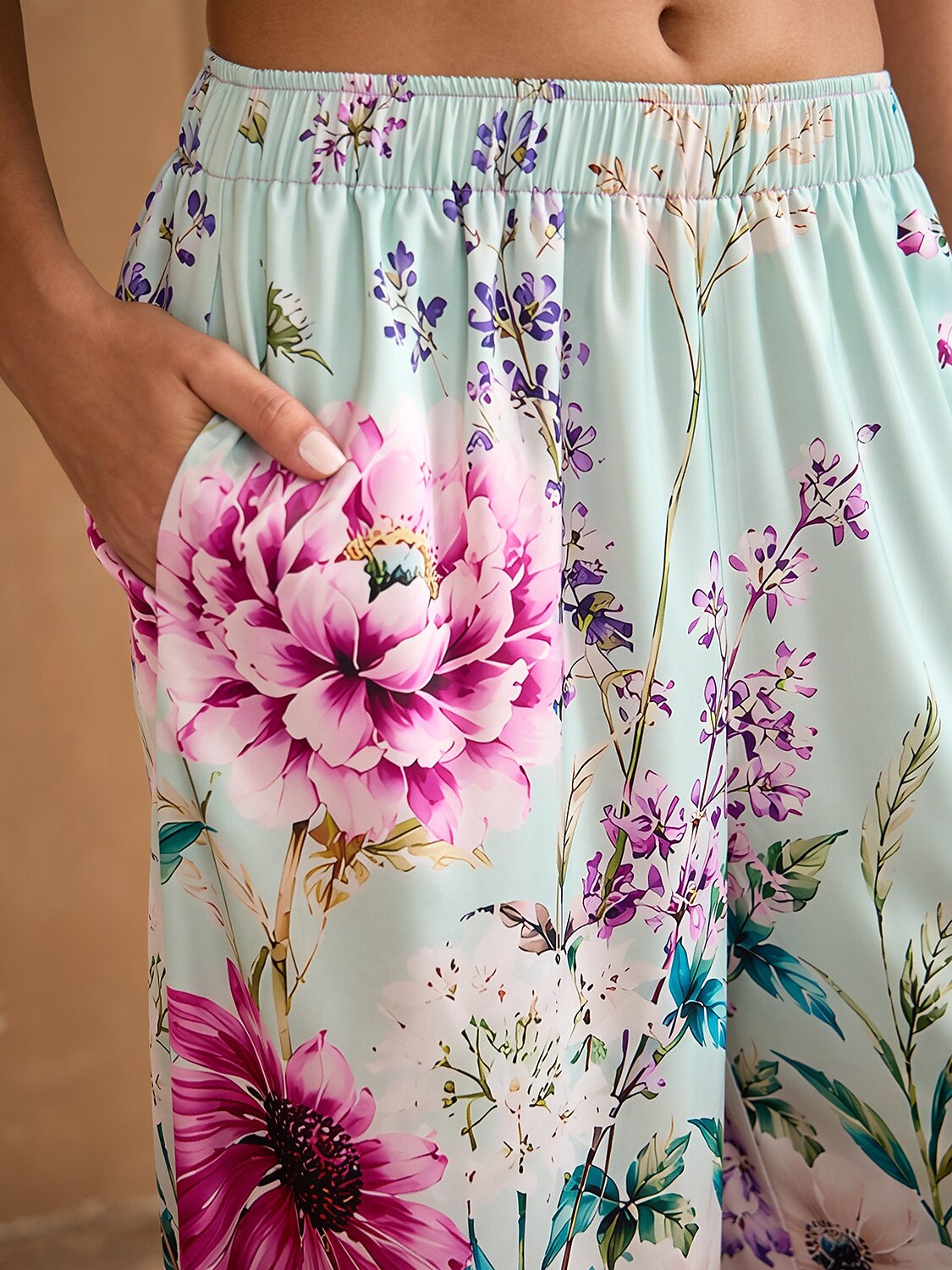 Pastel Garden Silky Satin Wide Leg Pants
