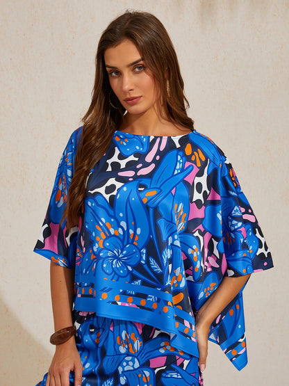 Abstract Azure  Satin Dolman Sleeve Top