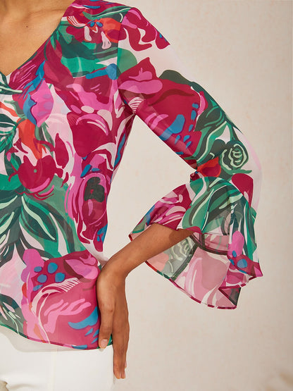 Fiery Pink Rose Flowy Chiffon Blouse