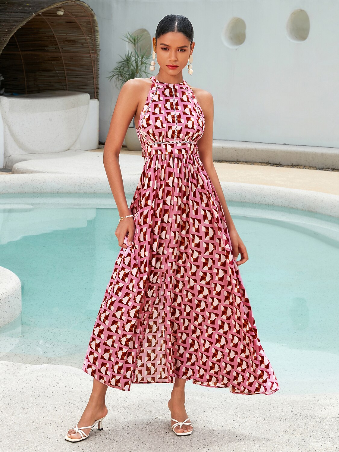 Rayon Geometric Print Lace Trim Maxi Dress
