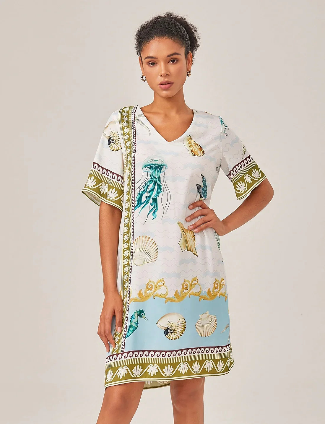 Resort Style Ocean Print Straight Cut Mini Dress