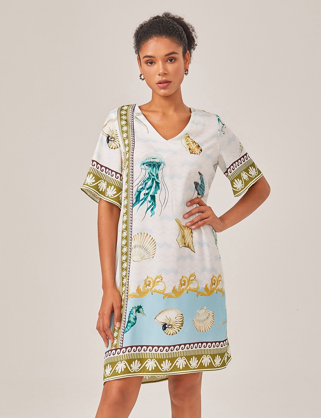 Vestido Mini Estilo Resort con Estampado de Océano Corte Recto