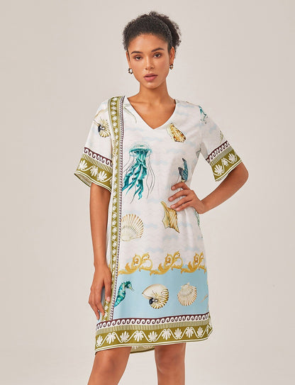 Vestido Mini Estilo Resort con Estampado de Océano Corte Recto