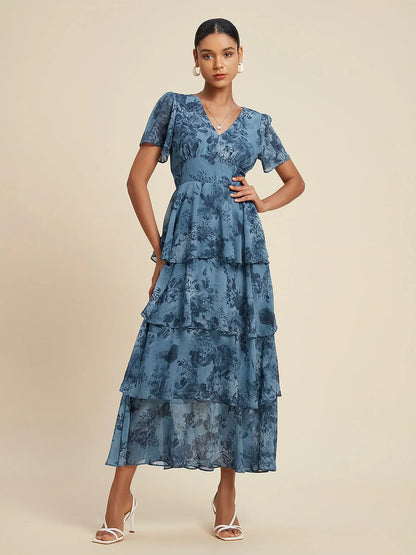 Abstract Floral Ruffle Chiffon Maxi Dress