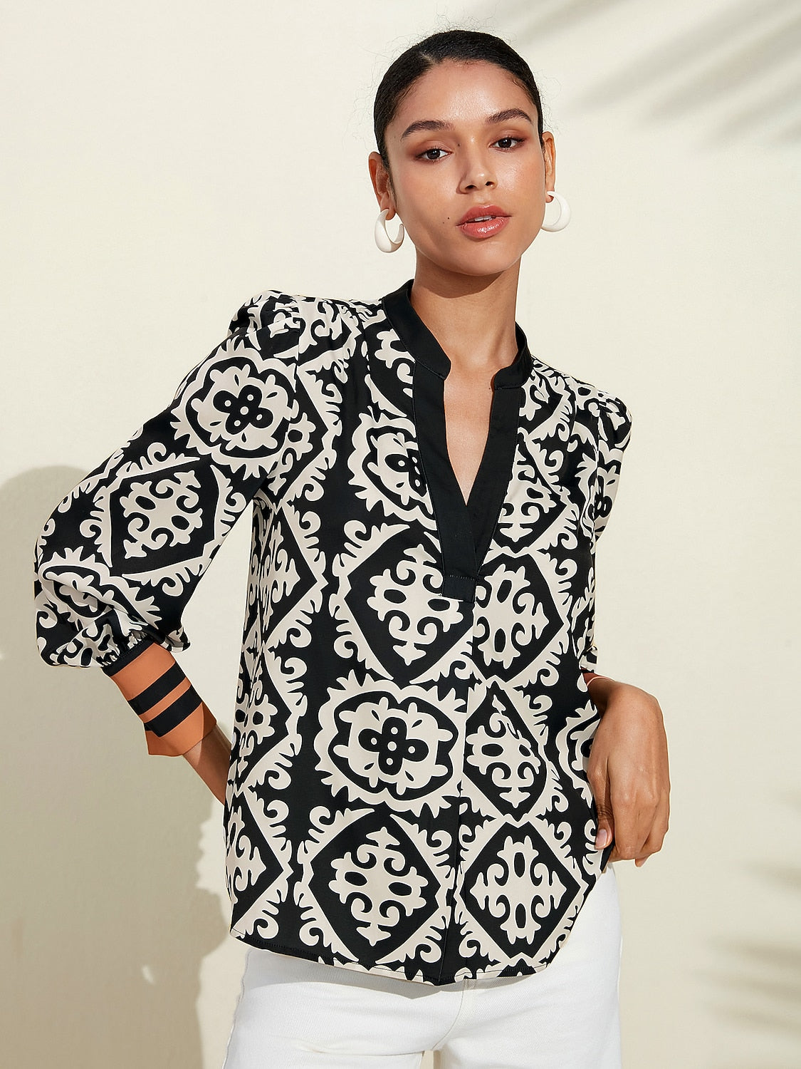 Satin Eden Moroccan Black and White Printed Blouse