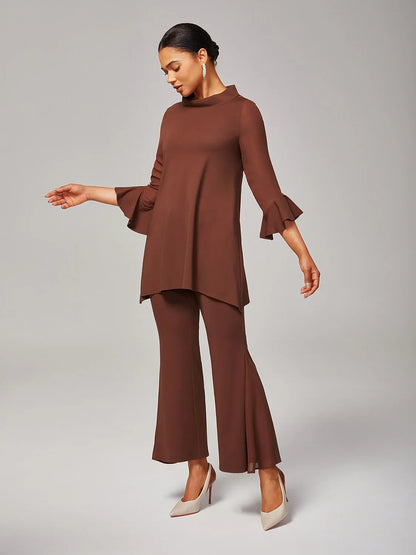 Elegant Coffee Brown Sheer Sleeves Top