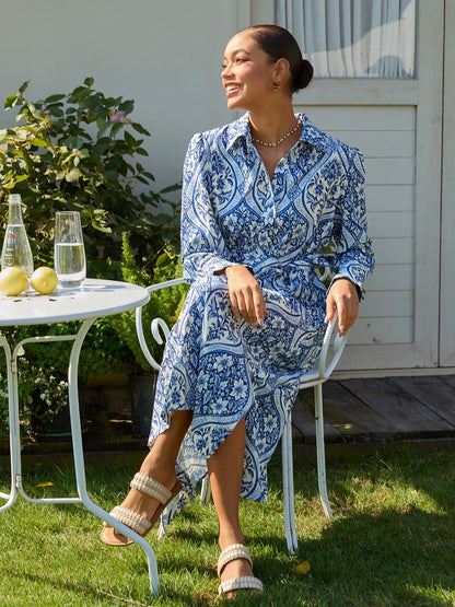 Azure Medallion Silky Satin Midi Dress
