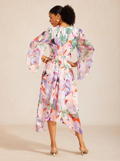 Robe maxi en chiffon à imprimé floral et manches évasées