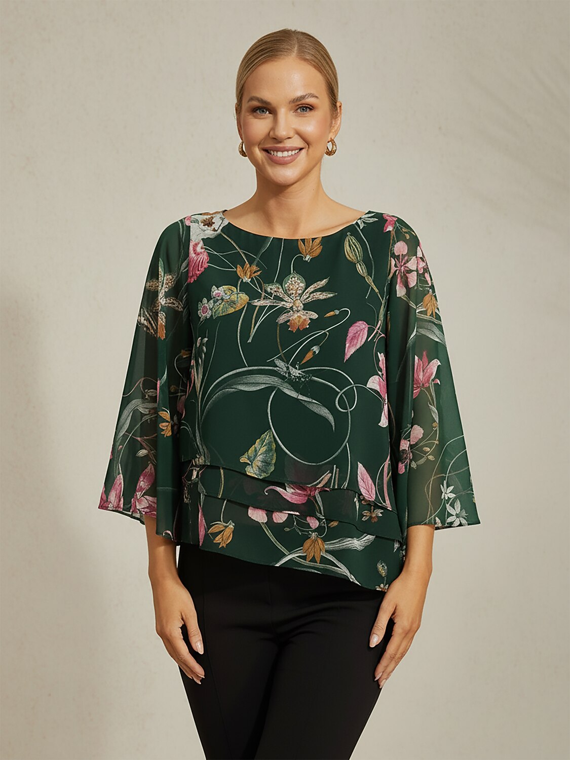 Floral Print Half Sleeve Round Neck Layered Chiffon Blouse