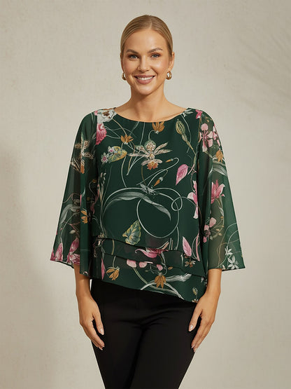 Floral Print Half Sleeve Round Neck Layered Chiffon Blouse