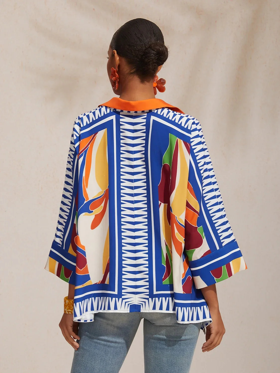 Vacation Geometric Color Block Print Batwing Sleeve Satin Short Shirt