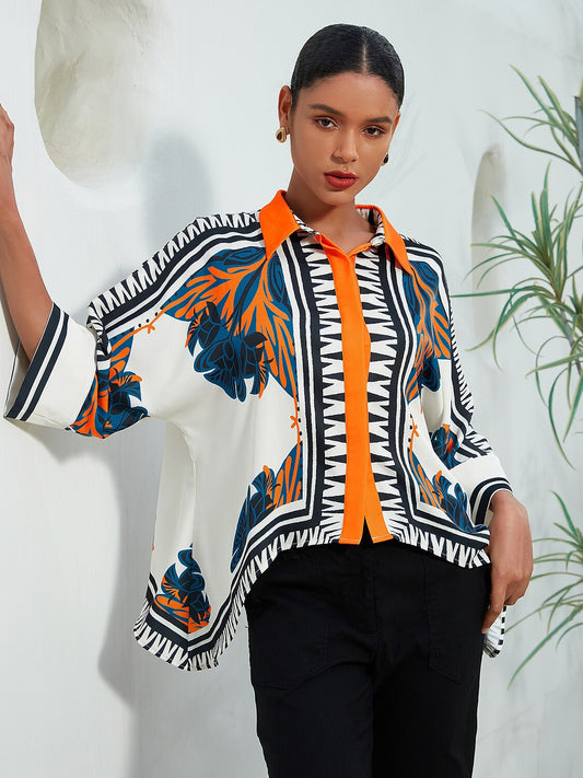 Satin Ethnic Print Block Printing Collar Shirt