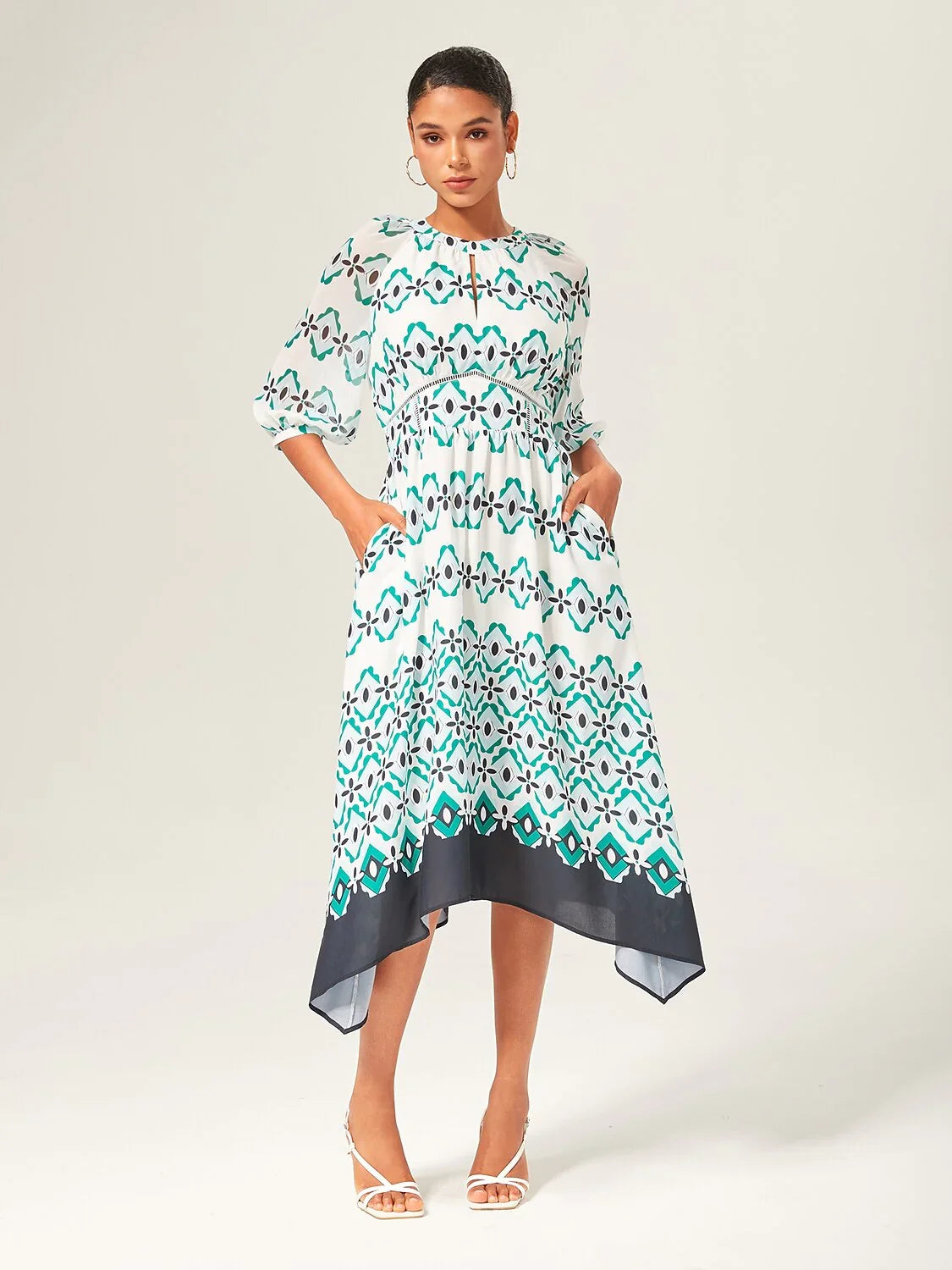 Geometric Cinched Waist Midi Dress