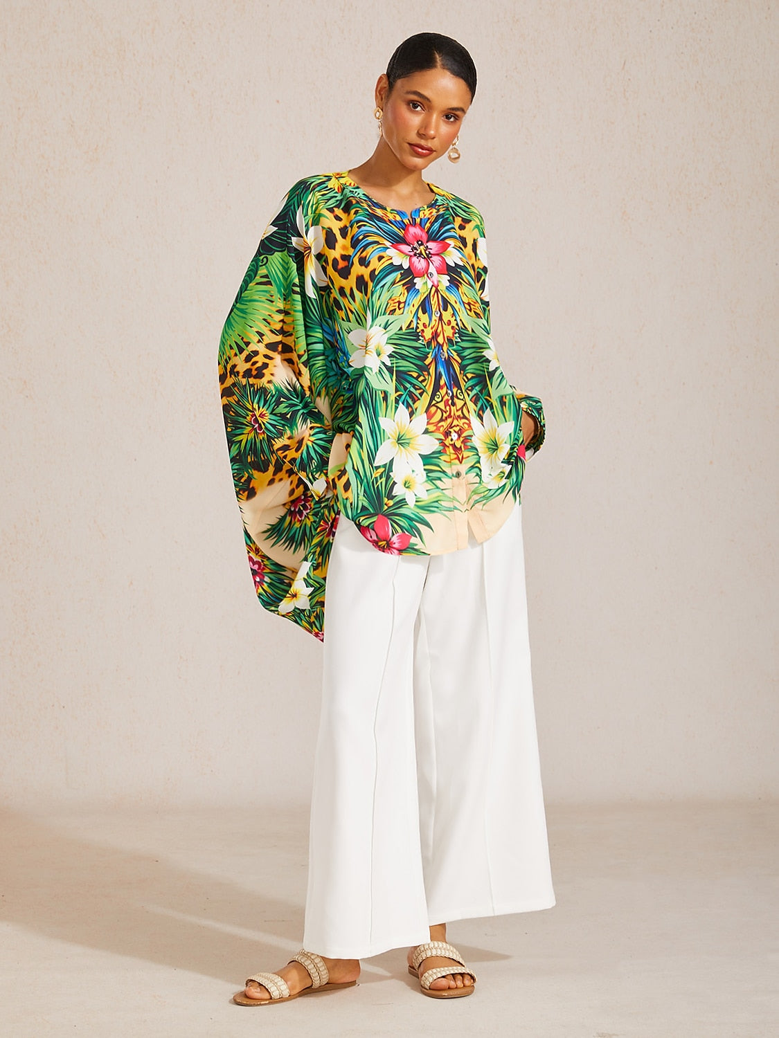 Tropische Verführung Fließende Chiffon-Dolman-Ärmel-Bluse