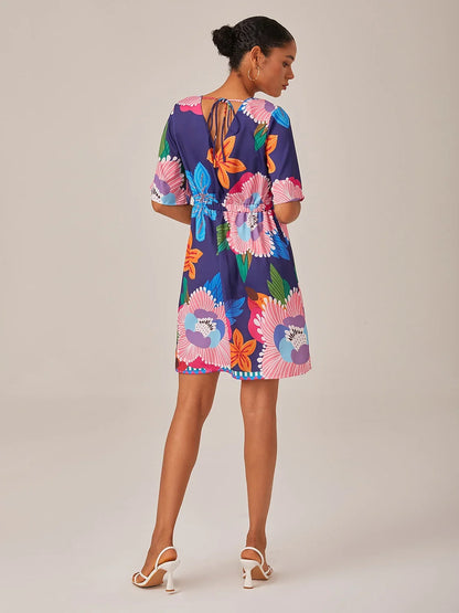 Satin Floral Print Straight Fit Slimming Elastic Back Mini Dress