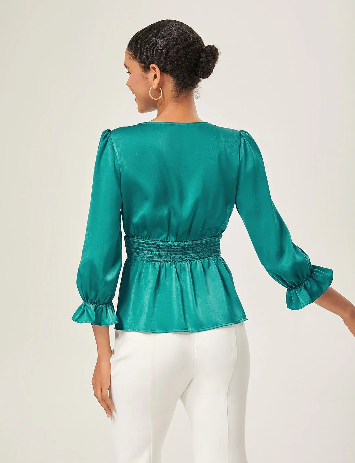Elegant Lake Green Satin Cinched Blouse
