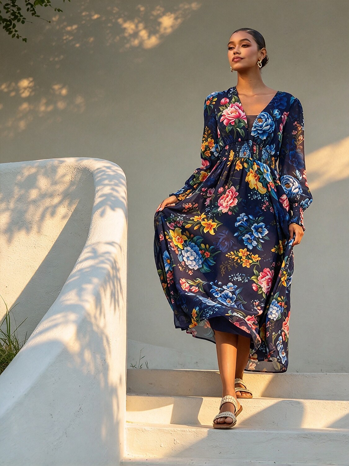 Sapphire Rose Garden Flowy Chiffon Maxi Dress