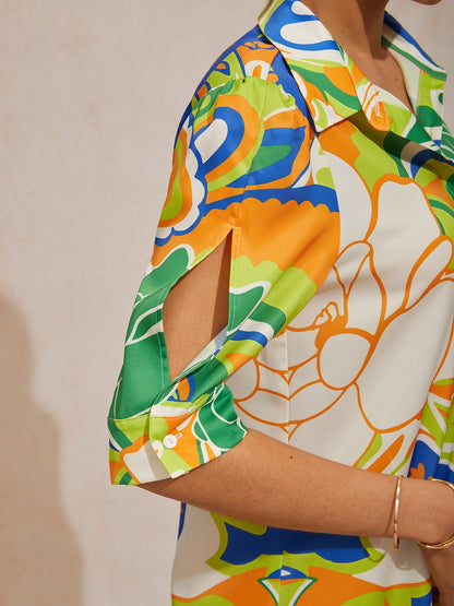 Mallorca Blossom Silky Satin Straight Shirt Dress